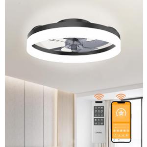19.7" Black Modern Ceiling Fan with Light and Remote, Dimmable, 3000k-6000k 6CCT, 6 Winds Speeds, Flush Mount, Low Profile, Bladeless Ceiling Fan for Bedroom