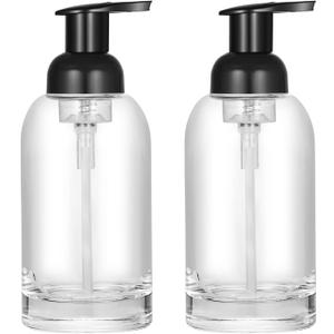 2 Pack Thick Clear Glass Jar Soap Dispenser with Foaming Pump, 13 Ounce Clear Round Bottles Dispenser with Foaming Pump (Black, 13oz)