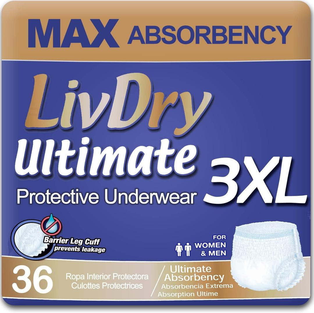 LivDry Ultimate 3XL Adult Incontinence Underwear, Max Absorbent Diapers for Women and Men, XXXL 72 -92" Waist, Leak Proof Cuff, XXX-Large, 36 Count
