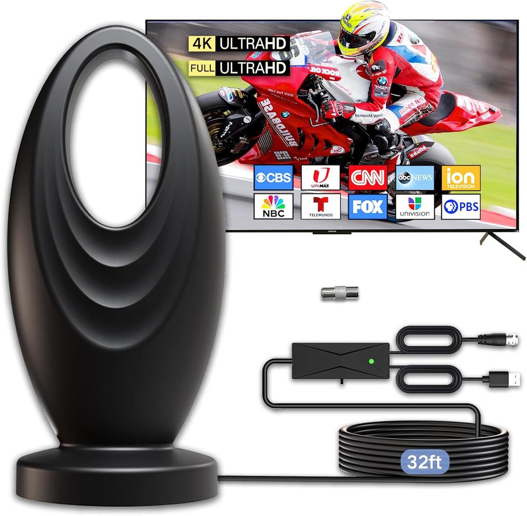 2025 TV Antenna for Smart TV and Old TV, 2200+ Miles Range HD Digital TV Antenna Indoor with 360 Signal Strongest Booster, Supports Local Channels 1080P 4K Reception for Home, RV, Camping (32ft)