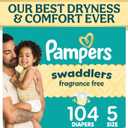 Pampers Swaddlers Diapers, Size 5 (20-37 lbs), 104 Count, Fragrance Free, Hypoallergenic, Absorbent, Pediatrician Recommended, Skin Safe