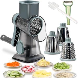 Rotary Cheese Grater Shredder with Handle Handheld Round Mandoline Vegetable Slicer Carrot Shredder Nut Grinder with 3 Replaceable Stainless Steel Drum Blades and Upgrade Strong Suction, Grey/Cyan