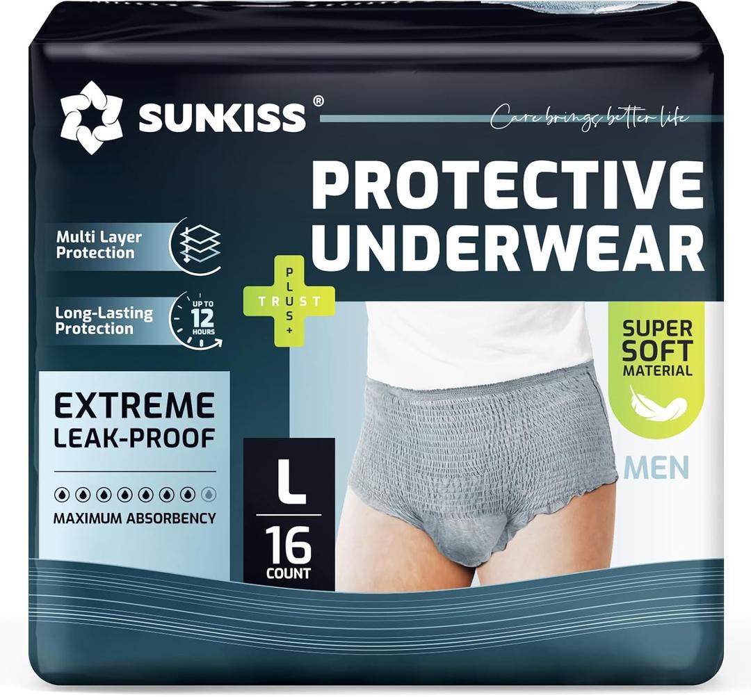 SUNKISS Super Soft Incontinence Underwear for Men, Daytime Disposable Adult Pull Ups, Mens Protective Diapers with Maximum Absorbency, Large, Grey, 16 Count