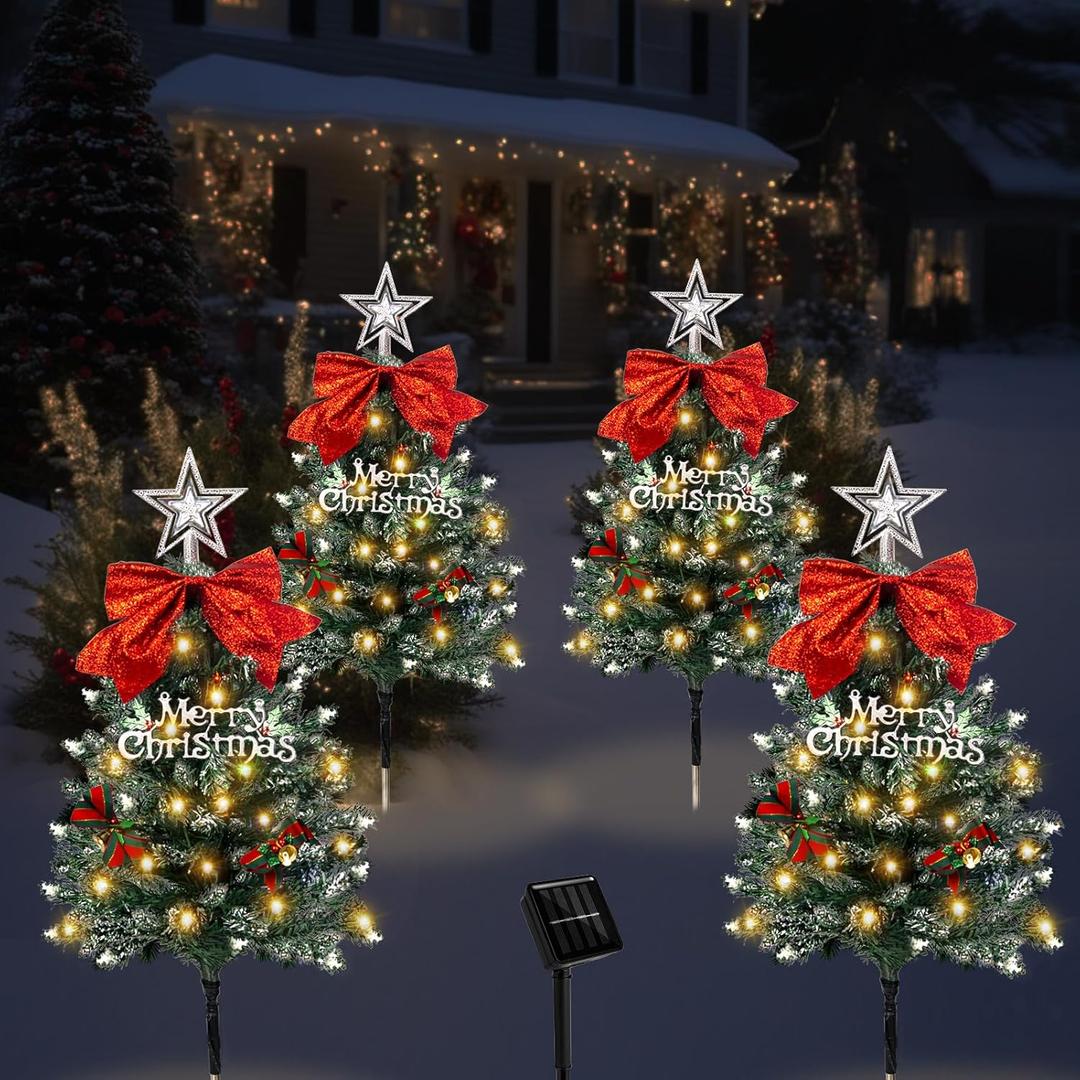 4 Pack Christmas Tree Solar Pathway Lights Outdoor Decorations, Waterproof Artificial Mini Xmas Tree Stake Lights with DIY Ornamets for Garden Yard Porch Decor (Snowy Tree)
