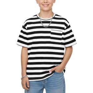 Boys Oversized Striped T-Shirt with Chest Pocket Short Sleeve Crew Neck Casual Summer Tee for Boys 5-14