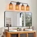 Bathroom Vanity Light, 4-Lights Boho Bathroom Light Fixtures Over Mirror with Rustic Handwoven Shades 30 inch Farmhouse Wall Sconce Lighting, 30.3 inch
