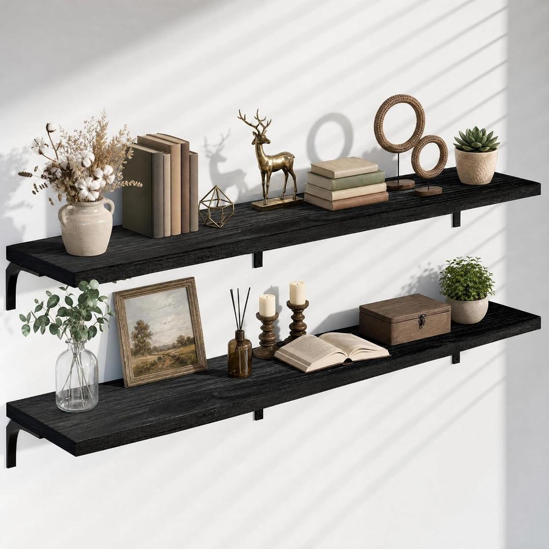 2-Pack Floating Shelves, 72 inch, Rustic Black | Wall Mounted, 12 deep floating shelves, Rustic Black Finish, Heavy Duty Storage, Easy Installation, 2T72IN