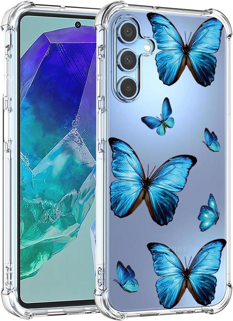 Case for Galaxy M55 Case/Samsung M55 5G/Galaxy C55 5G/Galaxy F55 5G SM-M556B Cute Case, Clear Flexible Bumper TPU Soft Rubber Silicone Cover Phone Case for Samsung Galaxy M55 Blue Butterfly