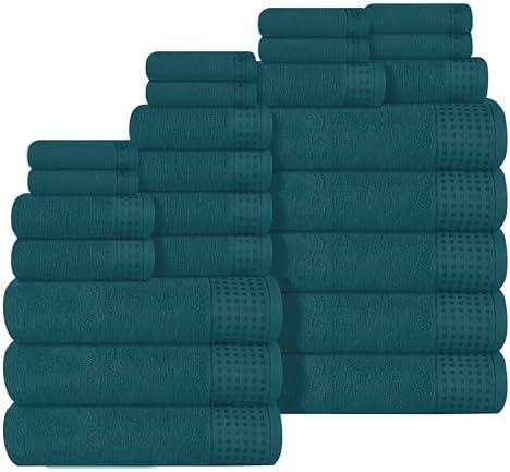 GLAMBURG Towels for Bathroom, 100% Cotton Towel Set, Contains 8 Soft Bath Towel, 8 Hand Towels, 8 Wash Cloths - Compact Absorbent Lightweight & Quickdry - 24 Piece Bathroom Towel Set - Teal