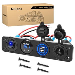 Nilight 4 in 1 Outlet Socket Panel 12V DC 4.8A Dual USB 12 Volt Cigarette Lighter LED Voltmeter ON Off Rocker Toggle Switch for Marine Boat Truck Car
