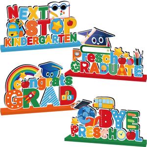 4Pcs Preschool Graduation Decorations 2026 Wooden Table Centerpiece Next Stop Kindergarten Goodbye Preschool Table Decor Pre-K Graduation Congrats Grad Table Toppers for Graduate Classroom Decor