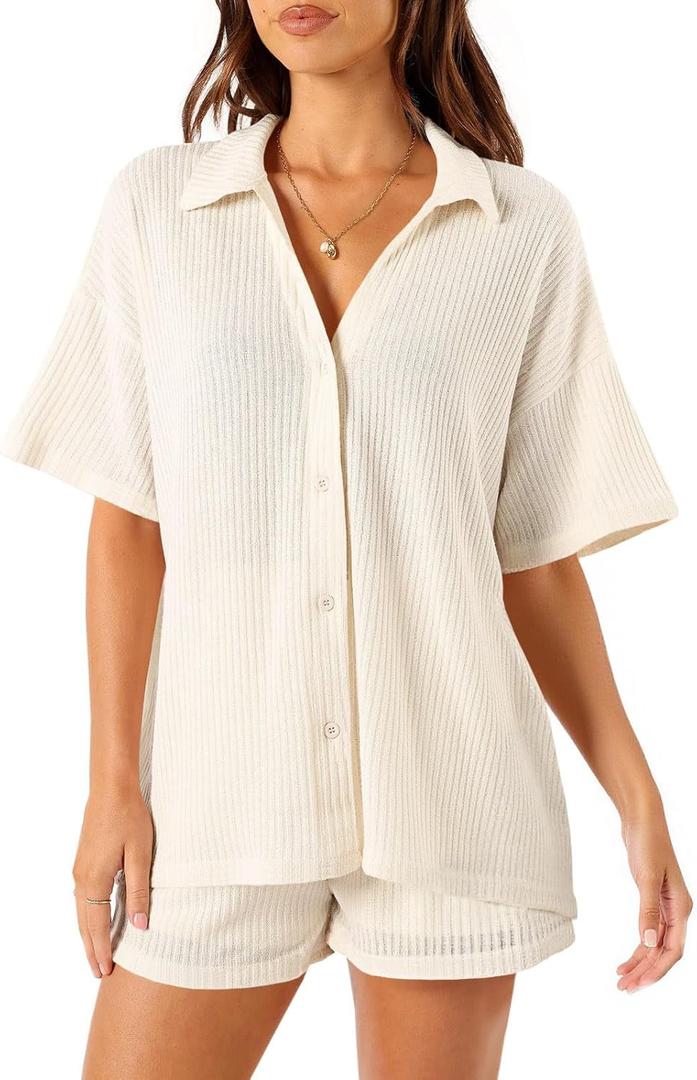 Tankaneo Womens Ribbed Knit 2 Piece Pajama Sets Button Down Short Sleeve Tops and Shorts Set Summer Casual Loungewear (Small, Beige)