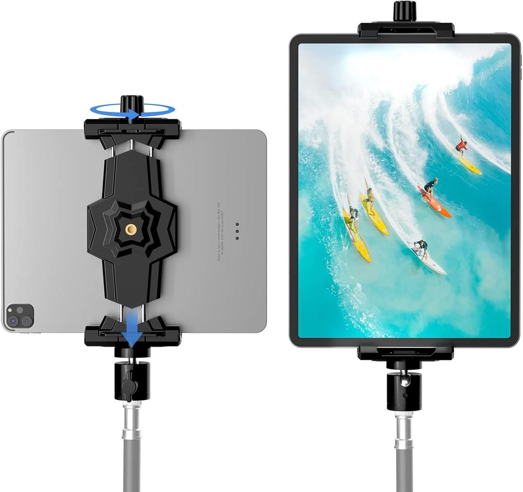 KDD iPad and Phone Tripod Mount Adapter with Ball Head, iPad Holder for Tripod, 360° Rotatable Tablet Clamp Mount fits iPad Pro 12.9, Air Mini 3 4, Galaxy Tab, Surface Pro, Selfie Stick(5.3-10.6") (Black)