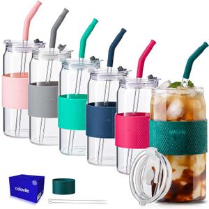 ColoVie 20oz Mixed Drinking Glasses with 6 Colors, Thicken Reusable Glass Tumblers with Lids and Straws, Removable Silicone Sleeve for Hot or Iced Drinking, Unique Colorful Glass Cups