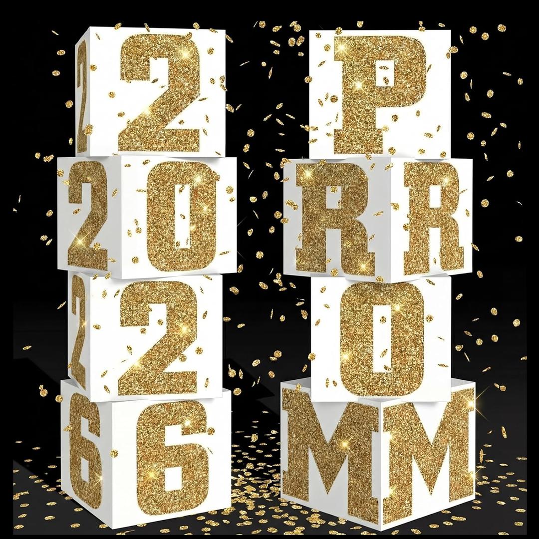 Queekay 8 Pcs Prom Column Standup Photo Booth Decorations 2026 Prom Backdrop Balloon Boxes Cardboard Decoration Column for Party College, 11.8 x 44.9 Inch (Gold, White)