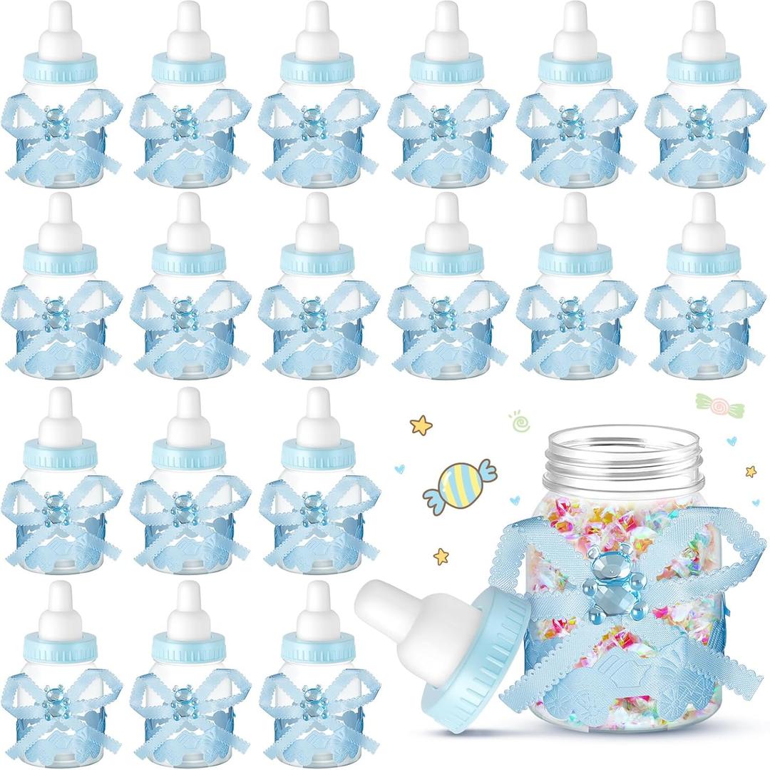 Nuenen 36 Pcs Baby Bottle Party Favors Plastic Mini Milk Bear Bottles for Baby Shower Decorations and Centerpieces Candy Jar with Ribbon for Gifts(Blue,Stylish)