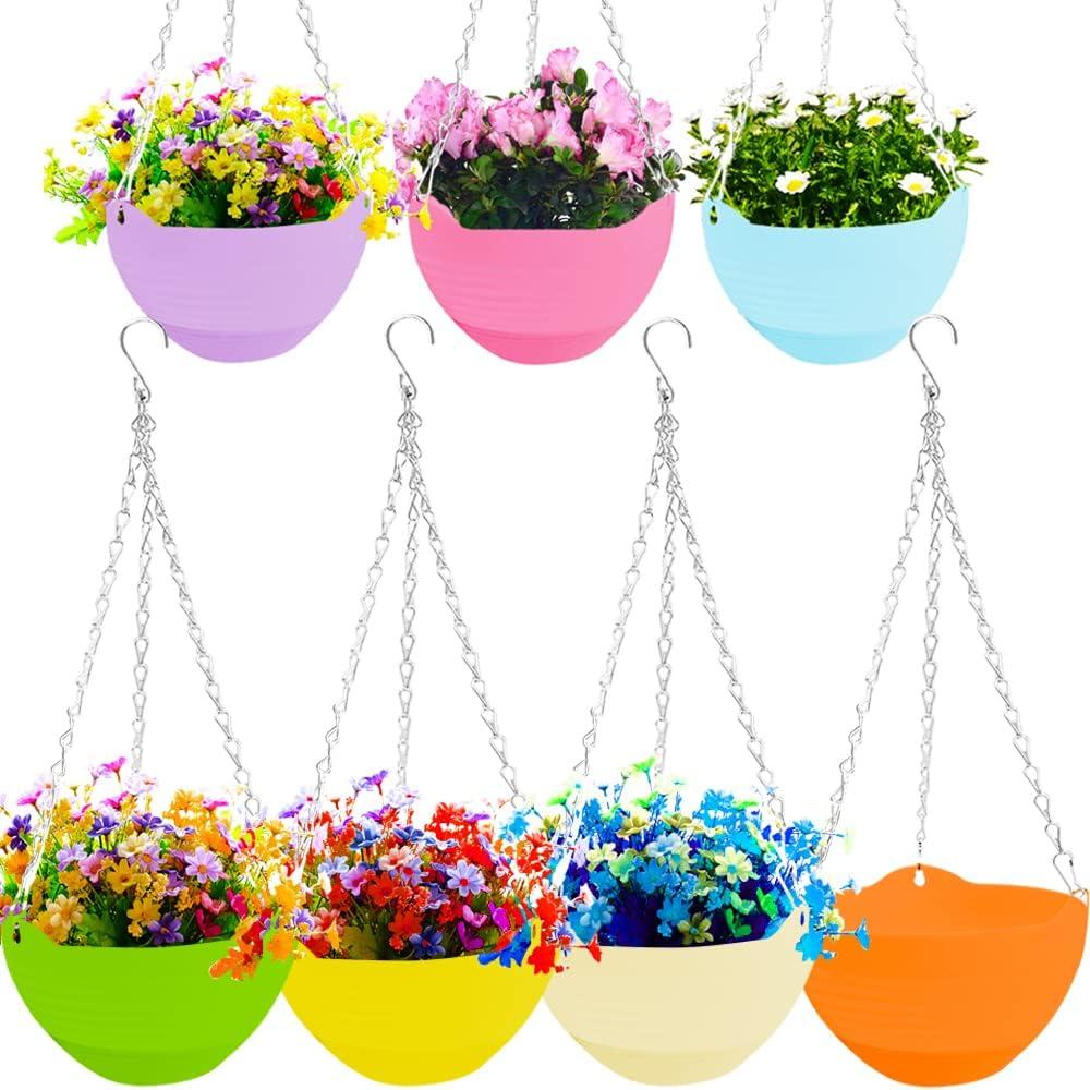 7 Pack 8 Inch Plastic Self-Watering Hanging Planters,Colorful Garden Flower Plant Pot Container Baskets with Drainer Chain for Indoor Outdoor Use,7 Colors (7.9 inches diameter x 4.7 inches height)
