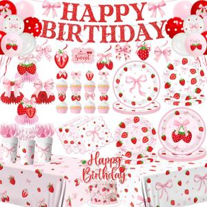 Strawberry Birthday Decorations - 197Pcs Pink Bow Theme Plates and Napkins Set Girls Strawberry Sweet Tableware for Berry First Birthday Decor