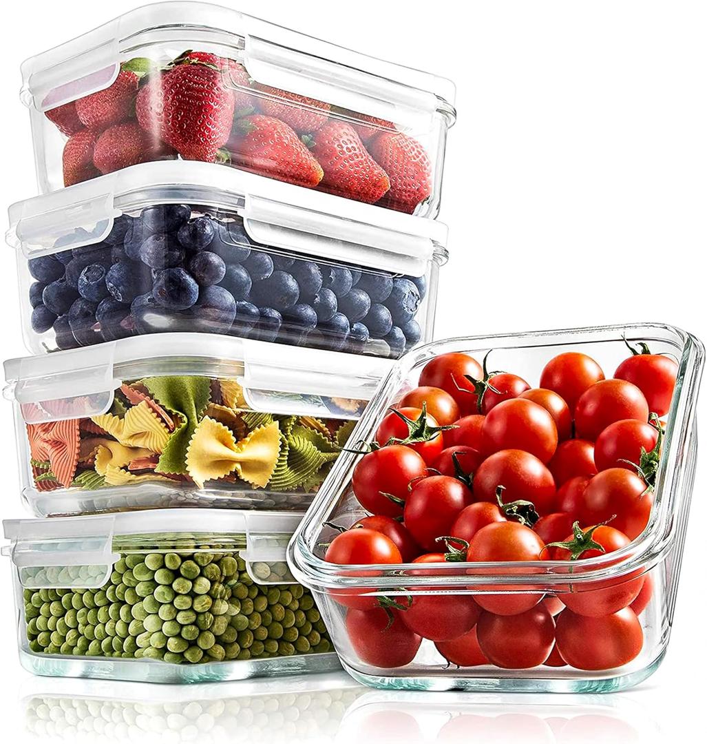 NutriChef 10-Piece Superior Glass Food Storage Containers Set (5 Containers + 5 Locking Lids),Stackable Meal-prep Design, BPA-free Airtight Clear Locking lids with Vent Lids & Air Hole, NCCLX5 (Transparent)