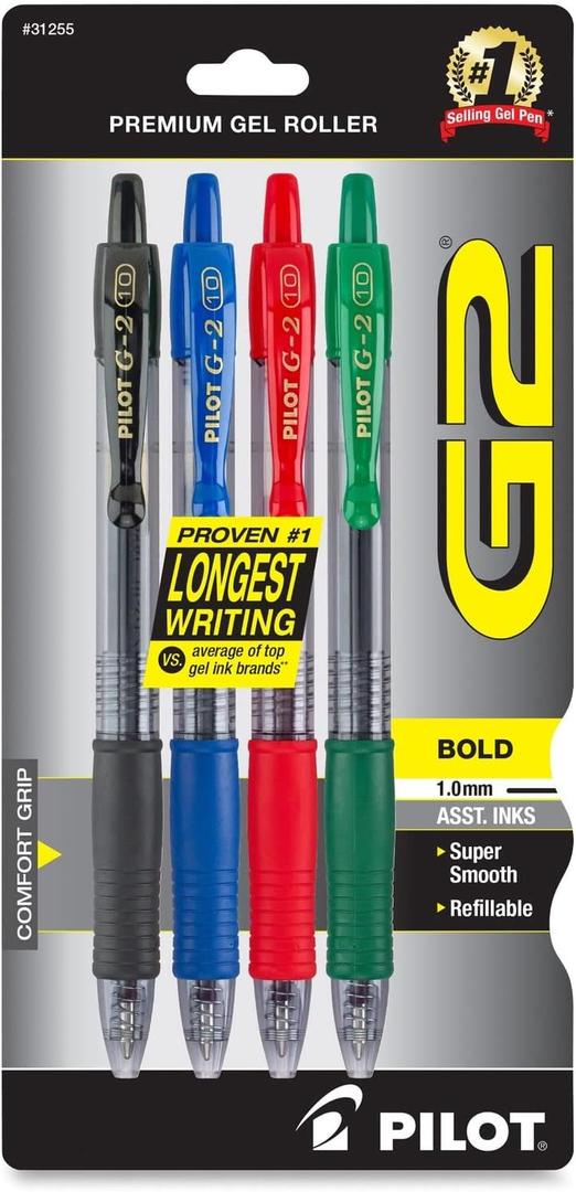 PILOT G2 Premium Refillable & Retractable Rolling Ball Gel Pens, Bold Point, Assorted Color Inks, 4-Pack (31255)