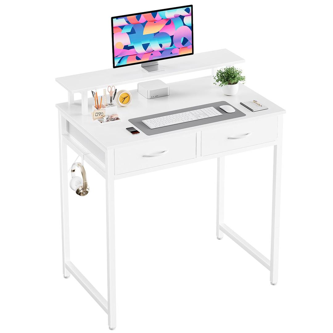 DUMOS 31-Inch Computer Desk with Drawers and Monitor Stand, White
