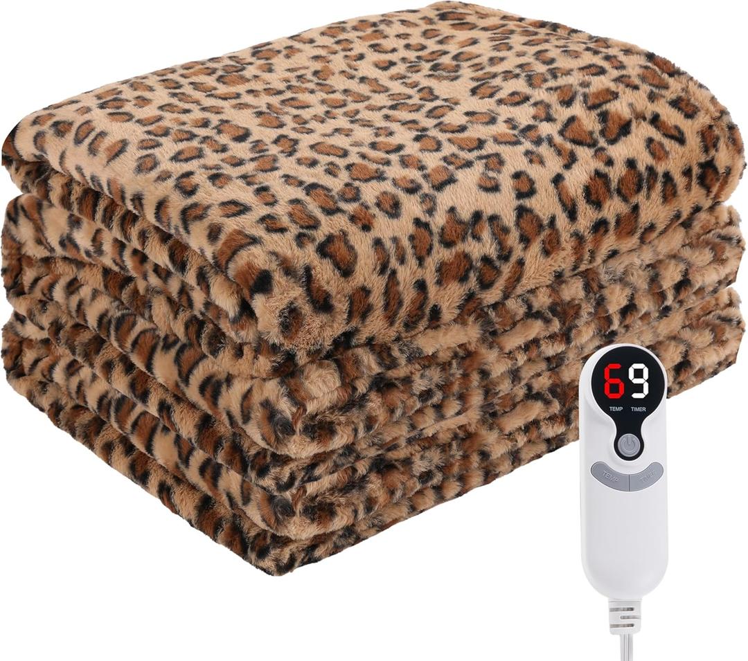 Electric Heated Blanket Twin Size 62"x84", Fast Heating, Soft Plush Microplush for Bed & Sofa, 1-10Hs Auto Off & 6 Heating Levels, Machine Washable, Gifts for Family-Brown Leopard Print