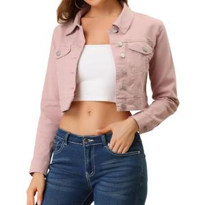 Allegra K Women's Denim Jackets 2026 Spring Casual Button Down Long Sleeves Cropped Jean Jacket (Medium), Pink
