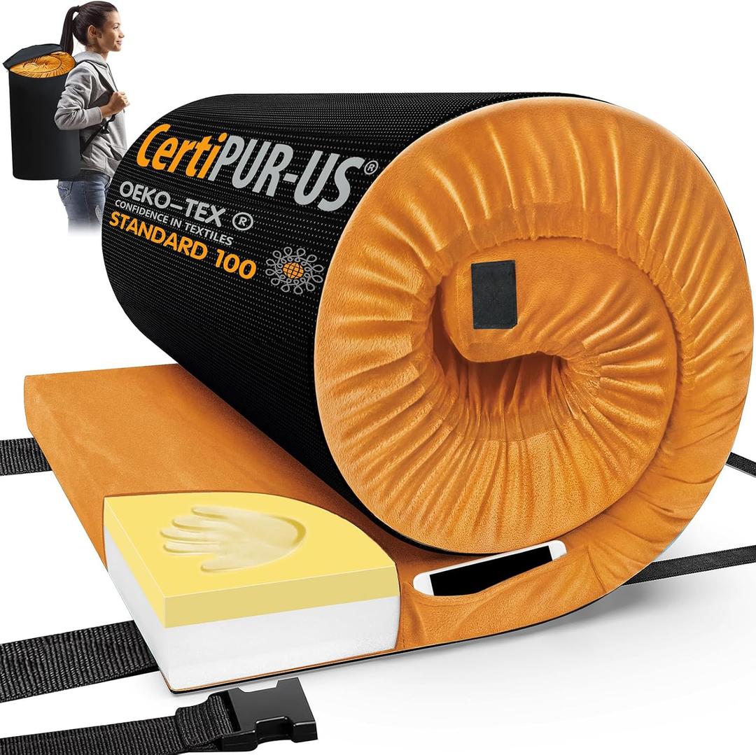 CYMULA Memory Foam Camping Mattress Pad, CertiPUR-US Sleeping Mat, Portable Roll Up Mattress for Adults, Camping Bed Pads for Sleepover, Car Bed with Travel Bag (Small Single/Cot-72x24x3 IN, Orange)