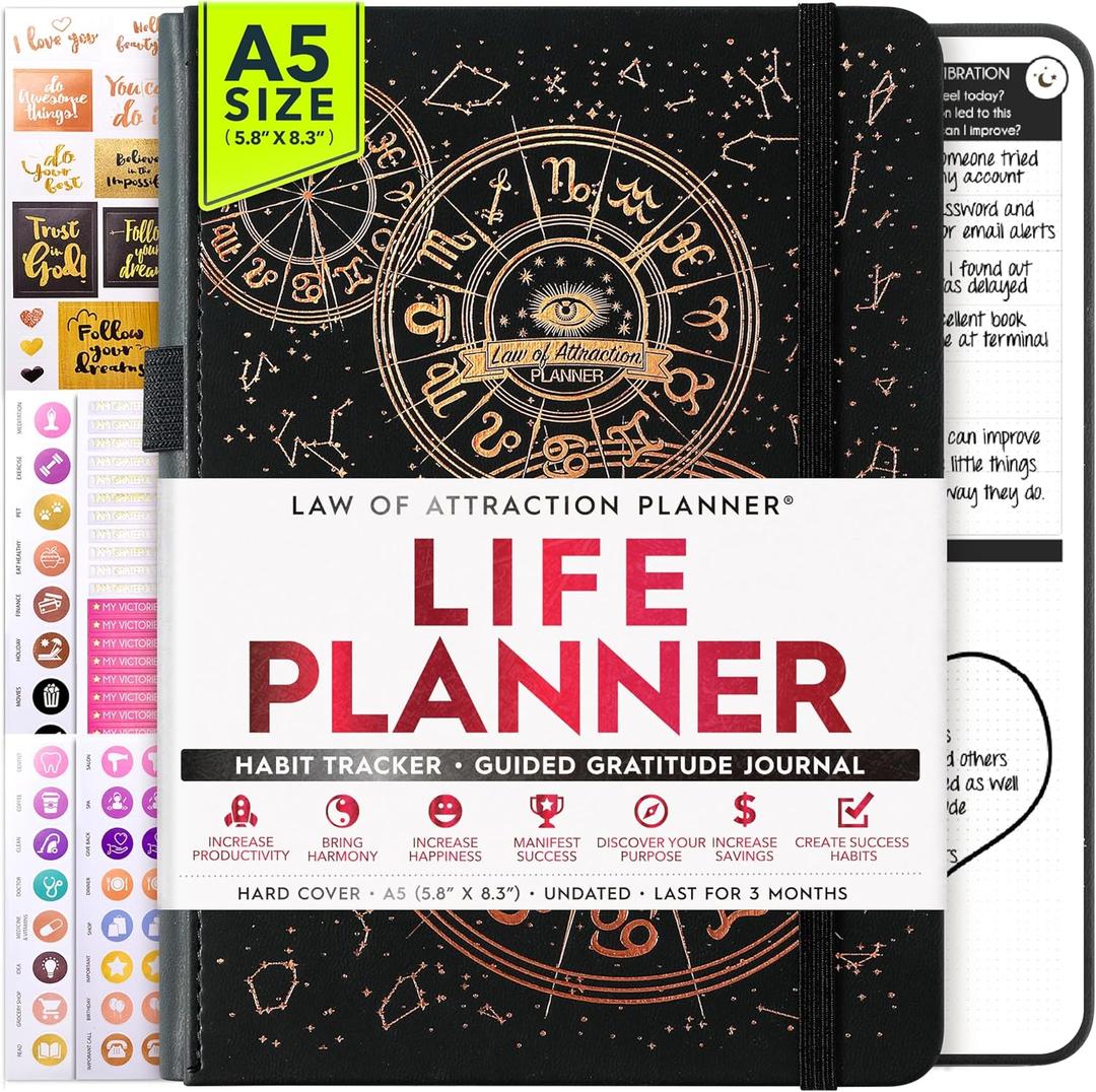 Life Planner - 5 Minute Daily Gratitude & Manifestation Journal | Positivity & Affirmation | Guided Mindfulness, Self Care & Mental Health Journal | 90-Day Undated Planner, Vision Board & Stickers (Black Clock)