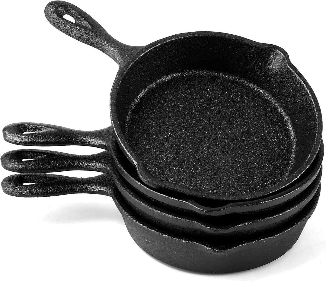 4 Pack Mini Cast Iron Skillets, 4 Inch Small Frying Pan with Double Drip-Spouts, Black Cast Iron Skillet with Handle, Nonstick Frying Pans for Indoor Outdoor Restaurant Kitchen Use