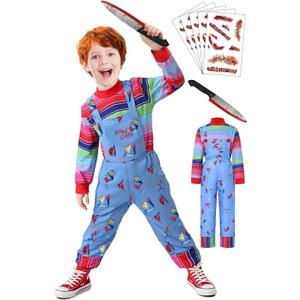LENOAPHYS Five Sizes Halloween Chucky Costume for Kids Outfit Jumpsuit Long Sleeve Rainbow Shirt 5 Sheets Scar Tattoos Prop Knife Toy - XS Size
