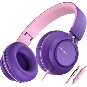AILIHEN C8 Girls Headphones, On-Ear Headphones Wired with Microphone and Volume Control Foldable Corded Stereo 3.5mm Headset for Girls School Chromebook Laptop Computer PC Tablets Travel (Purple Pink)