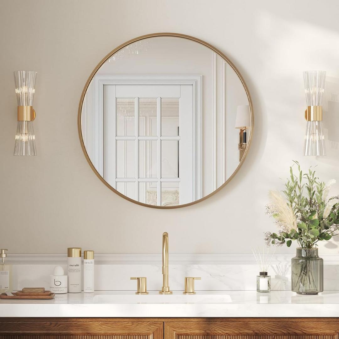 30 Inch Gold Round Bathroom Mirror for Over Sink | Circle Mirror with Metal Frame, Wall Mirror for Vanity, Entryway, Living Room, Hallway and Bedroom Decor