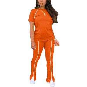 STOLKISS Women 2 Piece Outfits Summer Workout Sweatsuit Striped Short Sleeve Long Flare Pants Casual Travel Tracksuit, Large