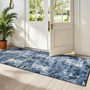 Rugflix 2x6 Runner Rug for Entryway, Kitchen Rugs Soft Non-Slip Washable Runners for Hallway, Abstract Small Carpet with Non-Slip Backing for Bedroom, Living Room, Navy Blue/Black (01-ocean Blue)