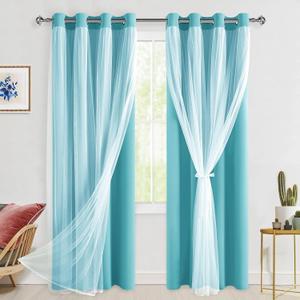Blackout Curtains with Sheer Overlay, Turquoise, 52W X 84L, 2pcs