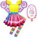 Akokvlar Fancy Fairy Costume for Girls Halloween Dress with Butterfly Wings Leggings (3T, Yellow)
