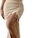 SweatyRocks Women's Deep V Neck Sleeveless Twist Dress Cut Out Split Tie Front Fitted Long Dresses (Large, Apricot)