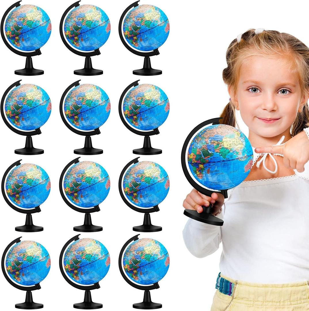 Meooeck 12 Pcs World Globe with Stand 4.6 Inch Geographic World Globe Bulk for Kids Students Learning Educational Classroom Desk Table Decoration, Blue