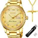 OLEVS Diamond Watches for Men,Business Dress Watch Waterproof Luminous,Male Golden Big Dial Luxury Casual Quartz Analog Watches with Day Date Calendar and Stainless Steel Band