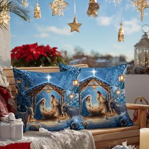 18x18 Inch Set of 2 Nativity Scene Merry Christmas Throw Pillow Covers Holy Family Pillow Cases Religious Holiday Cushion Covers Decorative Christmas Nativity Pillow for Sofa Couch Bed