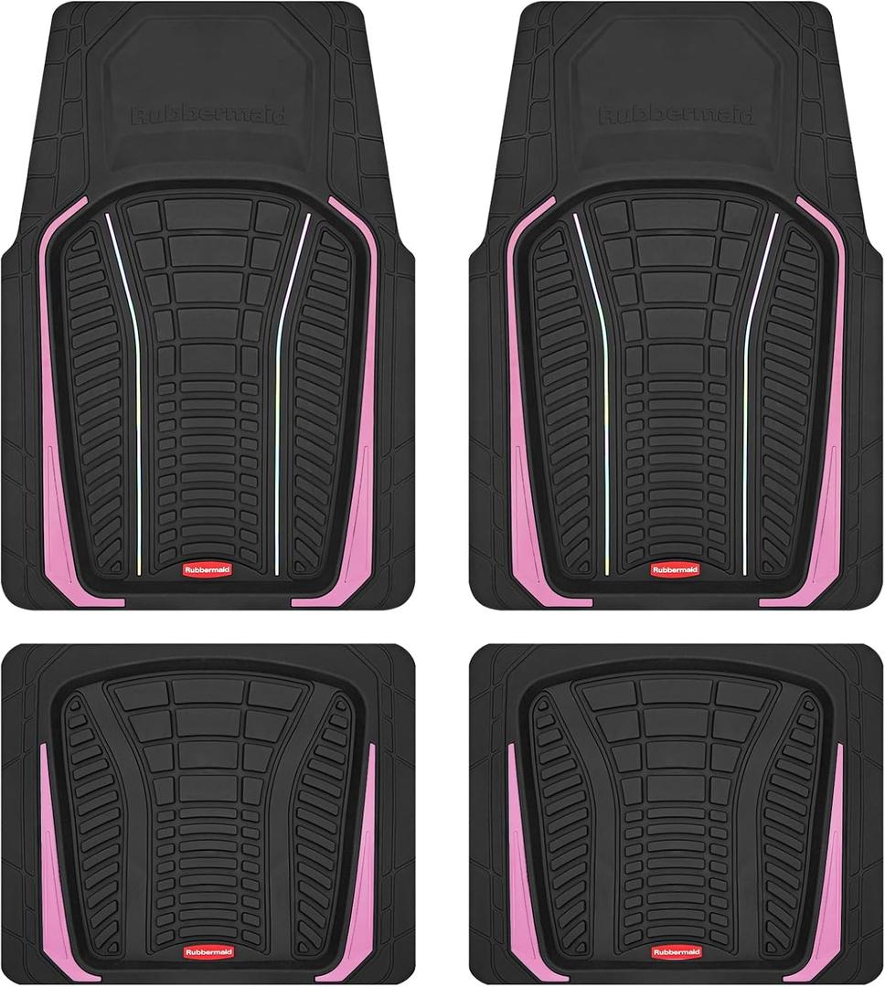 Rubbermaid Car Floor Mats Full Set – Premium All-Weather Car Mat with Brushed Aluminum Inserts, Universal Trim-to-Fit Design, Anti-Slip Backing for Cars, SUVs, Trucks, and Vans