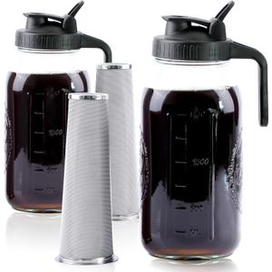 Cold Brew Coffee Maker 64 Oz Mason Jar Iced Coffee Maker 2 Set Half Gallon Glass Pitcher With Pour Spout Lids 2 Quart Wide Mouth Cold Brew Pitcher With Strainer For Fridge, Lemonade, Cold Brew, Milk
