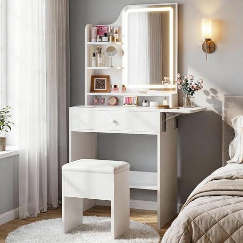 Haewon Small Vanity Desk with Mirror and Lights, Makeup Vanity with Charging Station, Compact Dressing Table Set with Storage Chair, Drawer and Shelves for Bedroom, White