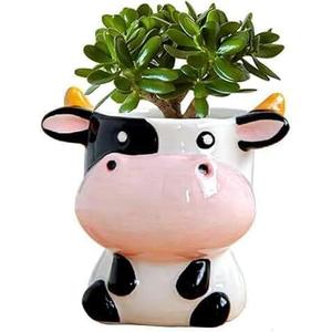 WENDIN Cute Ceramic Succulent Pot Small Indoor Animal Shaped Planter Cute Cactus Flower Pots with Drainage for Office Desk and Home Garden Decor (Cow)