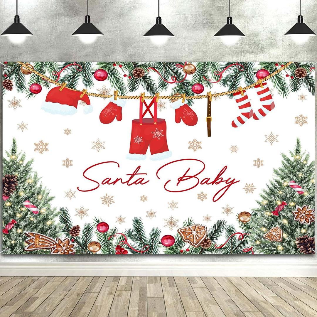 10X8ft Christmas Baby Shower Backdrop Santa Baby Christmas Party Decorations Photography Background Winter Newborn Xmas Tree Snowflake Baby Shower Decoration Cake Table Photo Booth Studio Props (Red02)