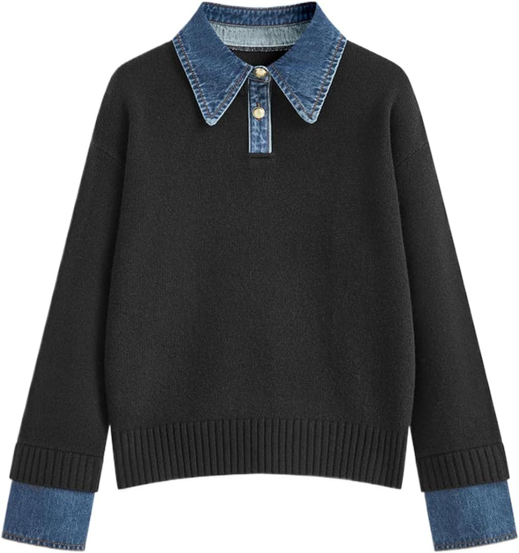 Womens Denim Lapel Sweater Oversized Long Sleeve Button Down Polo Knit Pullover Sweaters 2025 Fall Outfits (Small, Black)