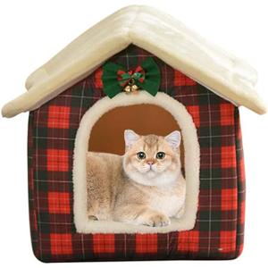 Christmas Cat Bed for Indoor Cats Plaid Xmas Cat Tent Cats Bed Cave for Pets Kittens and Dogs (Christmas Plaid, L (20.5 X 17 X 19.7 Inch)