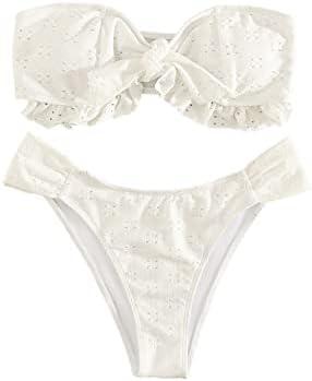 WDIRARA Women's Ruffle Knot Front Bandeau Bikini Set 2 Piece Strapless Swimsuit S, White