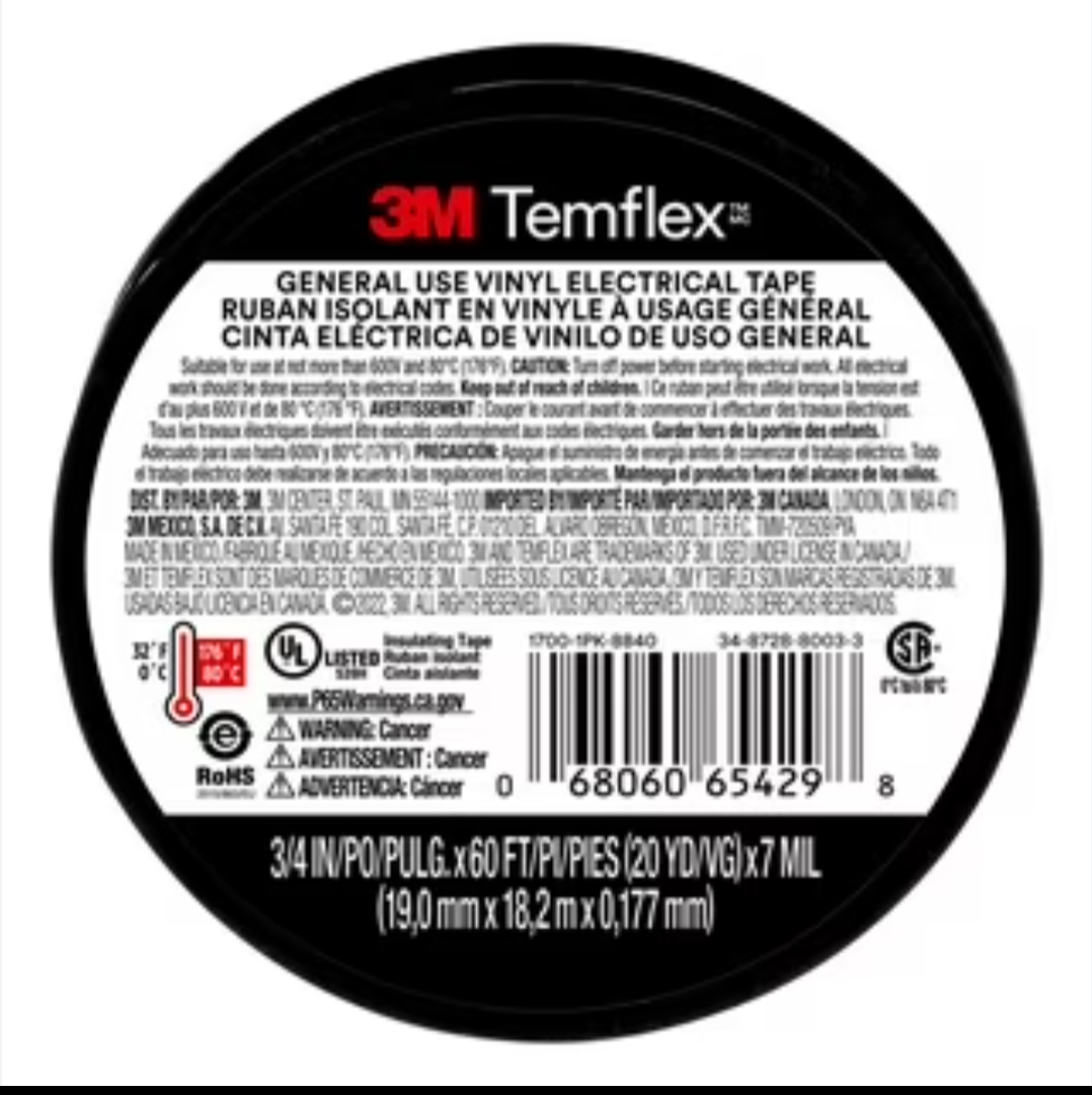 3M Temflex Vinyl Electrical Tape, , 3/4 in x 60 ft, Black (2-Roll)